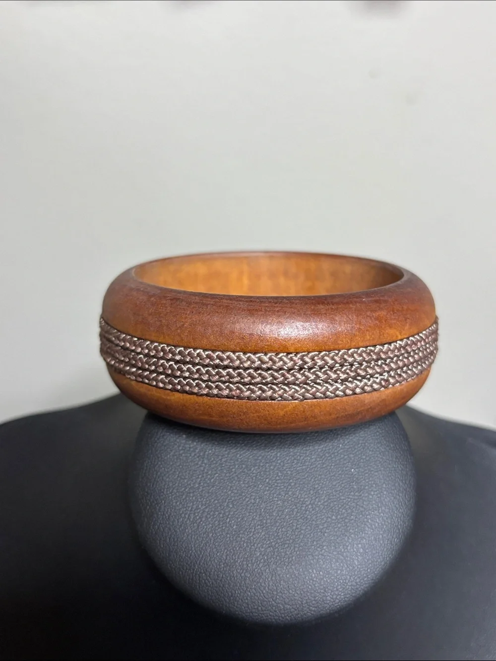 Wood Boho Bangle Bracelet Braided Rope Inlay - Brown Western Statement